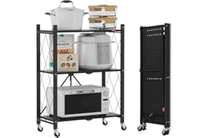 DEANIC Étagères de Rangement Pliantes en métal à 3 Niveaux pour Rangement - 61 x 85 x 28 cm - Étagères d'angle à roulettes pour Cuisine, Garde-Manger, bibliothèque pour Salon - Noir