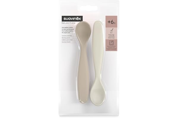 Suavinex, Pack 2 Cucharas para Bebés de Aprendizaje. Cucharas Infantiles. Aptas Encías Sensibles. Con Mango Largo. Ideal Papillas y Potitos. Aptas Lavavajillas. Ergonómicas. Bebés +6 Meses, Beige