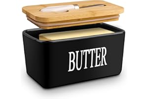 Dyserbuy Large Butter Dish with Lid and Knife, Porcelain Butter Container with Double Silicone Seals Cover, Ceramic Butter Keeper for Countertop, Perfect for East West Coast Butter (Black)