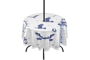 JUMBEAR Waterproof Round Tablecloth with Umbrella Hole and Zipper,Outdoor Tablecloth Table Cover for Indoor & Outdoor Patio Garden Party and BBQ-Blue Retro Lighthouse