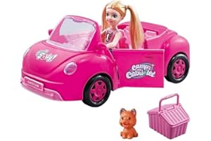 PNJB Pink Road Trip Picnic Toy Car with Doll Basket Set, Great Value Toys Fun Cabriolet Convertible, Interactive Design, Sturdy Construction, Durable ABS Material, Simple Pull Back and Go Function