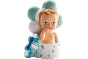 dekora - Figura de Resina para Tarta de Bautizo | Decoración de Pastel para Baby Shower y Bautizo para niño| Bebé regalo y globos azul | Cake Topper Resistente y Bonito (10,5cm)