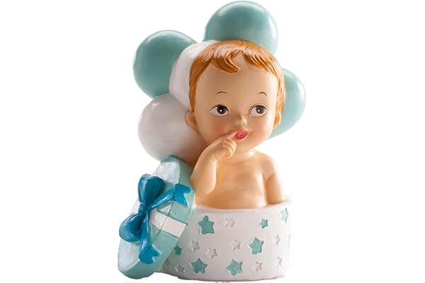 dekora – Décoration Baptême Garçon, Figurine en résine, Bébé avec Cadeau et Ballons, 10 cm, Décoration Gâteau Baptême, Design Original et Détaillé, Cake topper Apte au Contact Alimentaire
