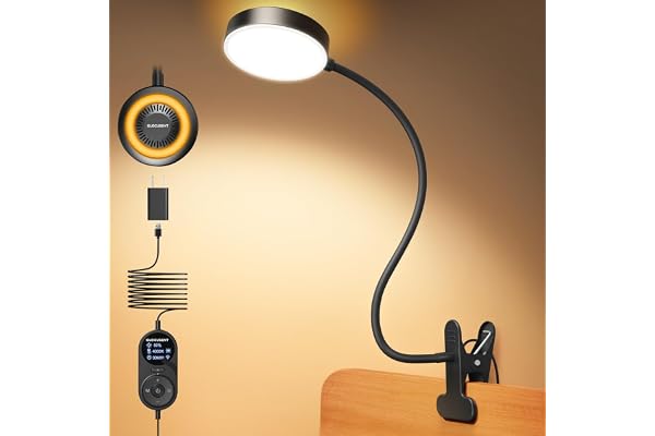 Glocusent Lampe de Bureau à Pince, 72 LED Lampe Lecture, 360° Flexible Lampe Pince pour Lit, 3 Luminosités & 5 Couleurs, Protection des Yeux, pour Maison/Bureau (Noir avec Adaptateur)