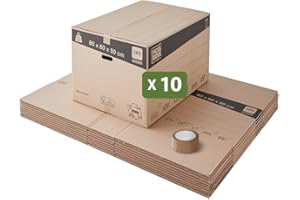 Pack and Move - Lot 10 cartons déménagement stockage XXL - 80 x 60 x 50 cm - Poignées renforcées - 1 adhésif