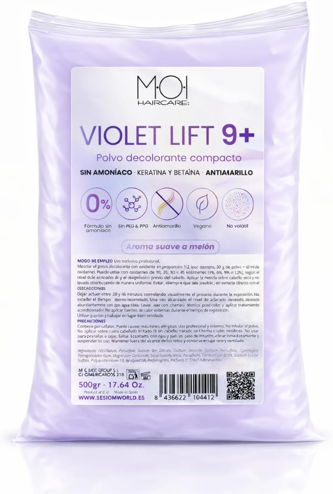 Polvo Decolorante Profesional Violeta 9 tonos de aclarado | Fórmula SIN AMONÍACO | DUST FREE | Antiamarillo | Protege la fibra capilar gracias a la Keratina y Betaína | Olor a Melón. 500g MOI HAIRCARE