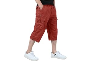 KEFITEVD Men's Casual Twill Elastic 3/4 Cargo Shorts Loose Fit Multi-Pocket Capri Long Short Pants