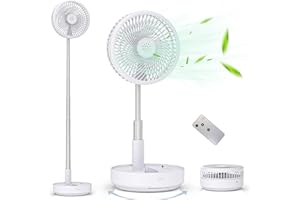 Primevolve Ventilador de Pie Portátil Auto-rotación con Remoto, 8'' Plegable Suelo/Mesa Ajustable, 7200mAh USB C Ventilador para Viajes Camping,Silencioso para Dormitorio Oficina (Blanco)