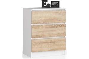 AKORD Cassettiera K60 con 3 Cassetti | Credenza Alta Moderna per Soggiorno Sala da Pranzo Camera da Letto Corridoio Bagno | Armadio Cameretta | 60x77x40 cm 25 kg Bianco/Rovere Sonoma