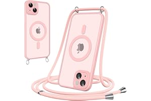 Woijrly Magnetic Mobile Phone Strap with Strap for iPhone 15 Case - Necklace Mobile Phone Case Translucent with Camera Protection, Adjustable and Removable Chain, Crossbody Magnet Clear Cover, Pink