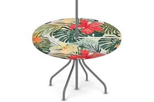 KNEMI Outdoor Round Tablecloth with Parasol Hole, Beautiful Hibiscus Flowers Patio Table Cover Fitted Tablecloth Waterproof Umbrella Table Cover for Party Picnic,Fit for 36"-44" Round Tables