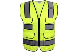 Ryaco Gilet Riflettente, Giubbotto di Sicurezza ANSI Classe 2 ad Alta Visibilità con Strisce Riflettenti, 4 Tasche e zip Frontale, Norme ANSI/ISEA