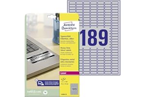 AVERY ZWECKFORM AVERY - Opakowanie 3780 samoprzylepnych metalizowanych etykiet poliestrowych, konfigurowalne i drukowane, Format 25,4 x 10 mm, Druk laserowy, (L6008-20)