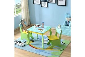 WODENY Kids Table & Chair Sets Furniture Hand Crafted Children Writing Desk Seats Secretaire with Cartoon Paintings Two Chairs Included for Boys Girls Toddlers (Green)