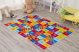 RUGS4HOME Children's Kids Boys Car Road mat Playroom Playmat Girls Toddler Unicorn Soft rug colorful printed mats ABC 123 Non Slip Large Washable Rugs Bedroom (80 x 120 cms, design 009 (snakes & ladders)