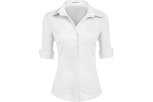 HOTOUCH Womens Blouses 3/4 Sleeve Cotton Shirt Ladies Office Shirts Basic Fitted Blouse V-Neck Short Sleeve Top