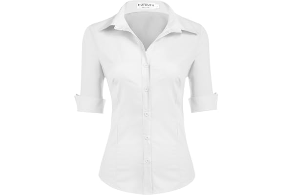 Hotouch Damblus, 3/4 ärmar, kontorsblusar, smal passform, skjorta, bomull, skjortblus, baströja med knapplist, kortärmade toppar, V-ringad, bluströja, toppar XS-XXL