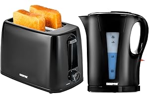 Geepas Electric Kettle & 2 Slice Bread Toaster Kitchen Combo Set | 2200W 1.7L Cordless Jug Kettle Boil Dry Protection & Auto Shut Off | 650W 6 Level with Browning Control & Crumb Tray | Black