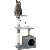 Lionto Cat Tree Scratching Post 3 Levels, 85 cm, Light Grey | Compact scratching post with plush ball, cave, resting surface