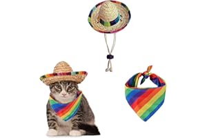AWOCAN Chapeau de Paille pour Animal Domestique - Chapeau de Sombrero Mexicain - Écharpe Arc-en-Ciel - Décorations de fête pour Anniversaire - pour Petits Animaux domestiques, Chiots, Chats (A)