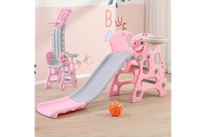 WDW 2-in-1 Foldable Children's Slide and Basketball Stand, Indoor/Outdoor Play Set, Pink and Green (Pink)