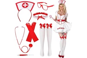 OPVXZAD Set da infermiera Costume infermiera Halloween Accessori con cappello e stetoscopio, giarrettiera, calze rosse con croce bianca e penna a siringa, per donne e ragazze, accessori per Halloween
