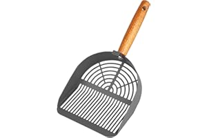 Fhintory Pala Arena Gatos, Pala Arenero Gatos Metal, Dos Distancias Entre Agujeros Diferentes, Pala Arena Gatos con Mango de Madera, Recogedor Caca Limpieza de Caja de Arena(Gris)