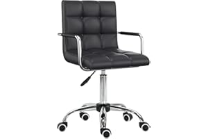 HOMCOM Vinsetto Office Chair, Makeup Vanity Chair, Mid Back Computer Chair, PU Leather Swivel Study Chair with Adjustable Height, Armrest and Rolling Wheels, Black