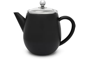 Bredemeijer Mały czarny dzbanek do herbaty z podwójnymi ściankami, ze stali nierdzewnej, 1,1 litra z sitkiem filtrującym – do przygotowania herbaty luźnej
