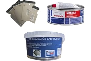 ONLISSA Kit Masilla Poliester MacRepair (900 Gr Fibrada + Espatula Carrocero Inoxidable + Cubo para mezclar)