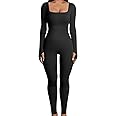 FONCBIEN Women Yoga Jumpsuits, Long Sleeve Square Neck Women's Jumpsuits & Playsuits One Piece Ribbed Knit Bodycon Jumpsuit for Women Workout Outfits Playsuit