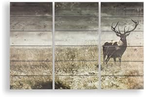 Art for the Home Set of 3 Highland Stag with Countryside Print on Wood - Natural, Brown & beige Wall art - Traditional Wooden Stag Design - suitable for covering cracks and imperfections