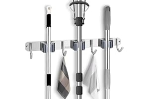 MaoXinTek Mop Broom Holder Heavy Duty Stainless Steel Wall Mounted Tool Organizer with 3 Position 4 Hooks for Home Bathroom Kitchen Garden