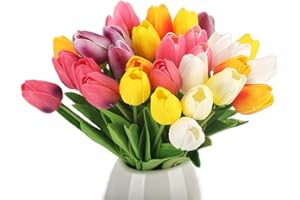 SIGAER 30 Pezzi di Tulipani in Lattice Artificiale, Tulipano Realistico con Foglie Verdi, Decorazioni di Fiori Finti di Colori Misti per Bouquet da Sposa, Casa, Hotel, Festa, Ufficio