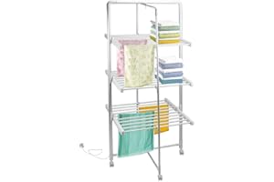 BAKAJI - Séchoir à Linge électrique à Tour, Puissance 300 W, Chauffant, Pliable avec 30 Barres pour étendre Le Linge, Roues en Aluminium