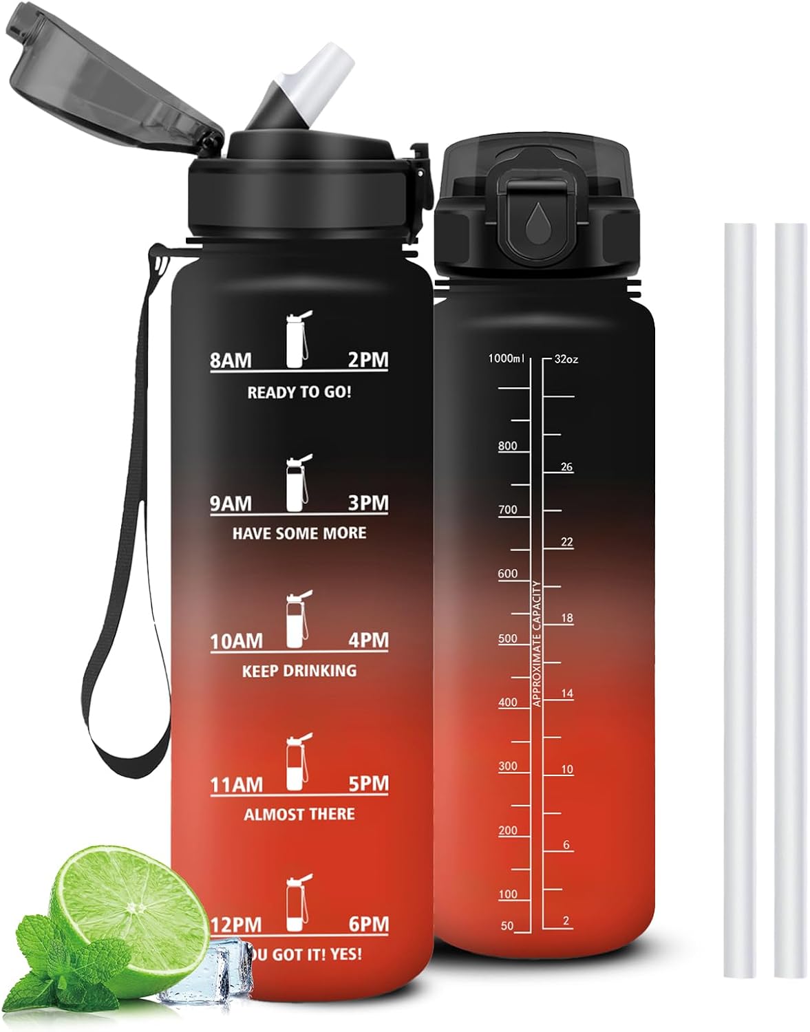 Mujigaga Botella Agua Gimnasio, A Prueba de Fugas Botella Agua 1 litro, Cantimplora con Pajita, Diseño de Cerradura, Cantimplora con Marcador de Tiempo para Deporte, Colegio, Exterior