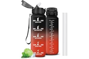 Mujigaga Botella Agua Gimnasio, A Prueba de Fugas Botella Agua 1 litro, Cantimplora con Pajita, Diseño de Cerradura, Cantimplora con Marcador de Tiempo para Deporte, Colegio, Exterior
