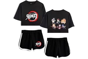 Yumenam Fille Survêtement Kimetsu no Yaiba Imprimé Crop Tops + Shorts Ensemble de 2 PCS Casual Manches Courtes T-shirt et Shorts été Pyjamas Sets Costume de Cosplay Sportswear