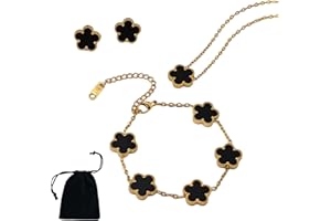 MUNSKT Clover Jewelry Set, 18K Plated Stainless Steel, Black Clover Necklace Earnail Bracelet, Suitable for Women and Girls