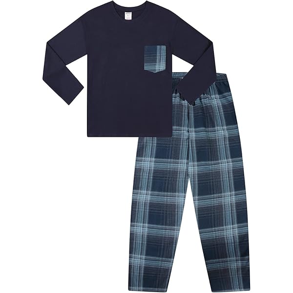 ThePyjamaFactory Kinderen - Jongens Zwart/Rood Pyjama Gewoon Lange Mouw Bovenstuk & Geweven Tartan Geruite Onderkant, Zwart, 12-13 jaar