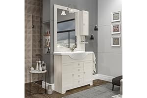 Inbagno Mobile bagno a terra 105 cm bianco decape con 2 ante e 3 cassetti, lavabo in ceramica lucida, specchio 80x105 con cornice, pensile a lato DX e lampada, ROMANTICA