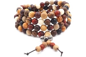 Thajaling 108 Perle in legno naturale Bracciale/Collana Rosario catena Perle multicolore Buddista tibetano Buddha Mala Bracciale nodo cinese per uomo Donna
