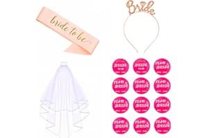 AUFIIY Bride to Be, Junggesellinnenabschied Frauen Set Schärpe, Schleier Rosegold Stirnband Tiara und 12 Aufkleber (Bride to Be & Team Bride) für Bachelorette Party,15 Stück