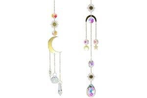 MWJC 2 Pièces Pendentif en Cristal Carillon éolien Cristal Arc-en-Ciel Lune Soleil Pendentif Ornement Suncatcher Décoration de Jardin extérieur Carillon éolien pour extérieur et intérieur Fenêtre