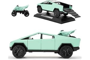 TGRCM-CZ 1/32 Tesla Cybertruck elettrico pick-up modello auto con una moto, lega di zinco pull back auto giocattolo con suono e luce per bambini ragazzi ragazze regalo (verde)