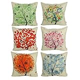 Luxbon 6er Set Bunt Lebensbaum Jahreszeit Baum Leinen Kissenbezug Wurfkissenbezug Sofakissen Pillowcase Cafe Haus Auto Deko 18 x 18 ''