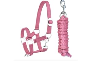 JA HORSE Set di cavezza con moschettone regolabile, cavezza cavallo, cavallo in legno, maglia (moschettone rosa, pony)