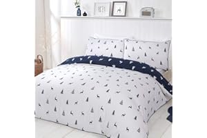 Sleepdown Stag & Trees Navy White Reversible Duvet Cover Quilt Bedding Set with Pillowcases Warm Cosy Thermal Soft Flannelette 100% Brushed Cotton - King (220cm x 230cm)