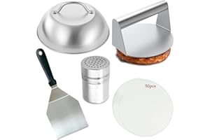HOTUVEP Burger Press Kit, 5 Pcs Smash Burger Kit with Burger Press, 22cm Cheese Melting Dome, Smash Burger Spatula, 50 Wax Discs, Squeeze Bottles, Cook Burgers Tools Cooking Utensils Set