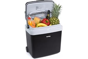 Huslog Glacière Électrique 33 L, Portable avec Roulettes et Poignée Télescopique, Refroidissement & Chauffage, 12 V/220–240 V, Mode Éco, Mini Frigo pour Voiture, Camping, Voyage, Noir